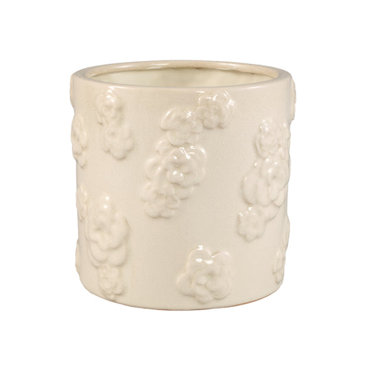 Filep White Round Glazed Ceramic Pot W Flowers L