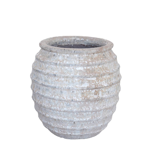 Maeghan White Round Ceramic Pot Lines Rough Finish