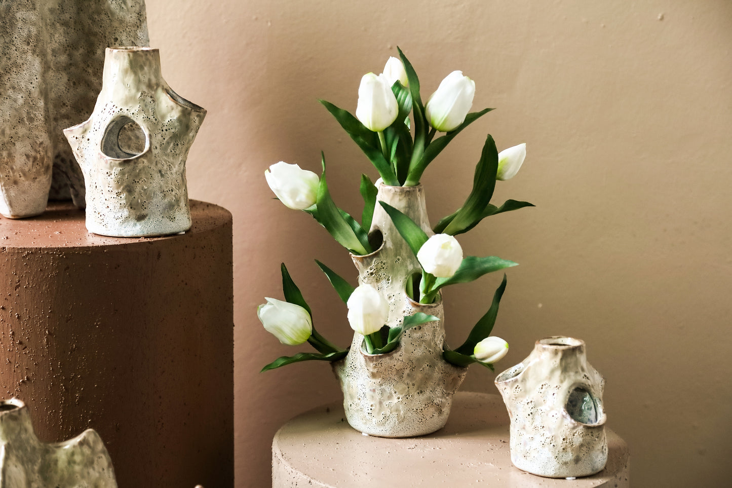 Marshali Cream Ceramic Vase With Dents L