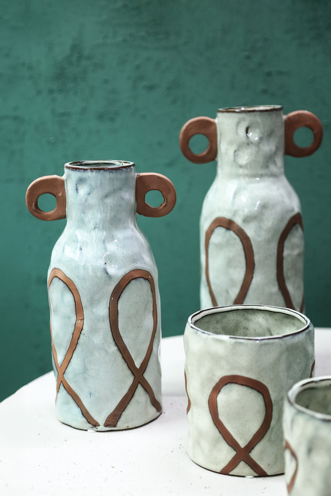 Freiah Cream Ceramic Round Pot Brown Motive High M