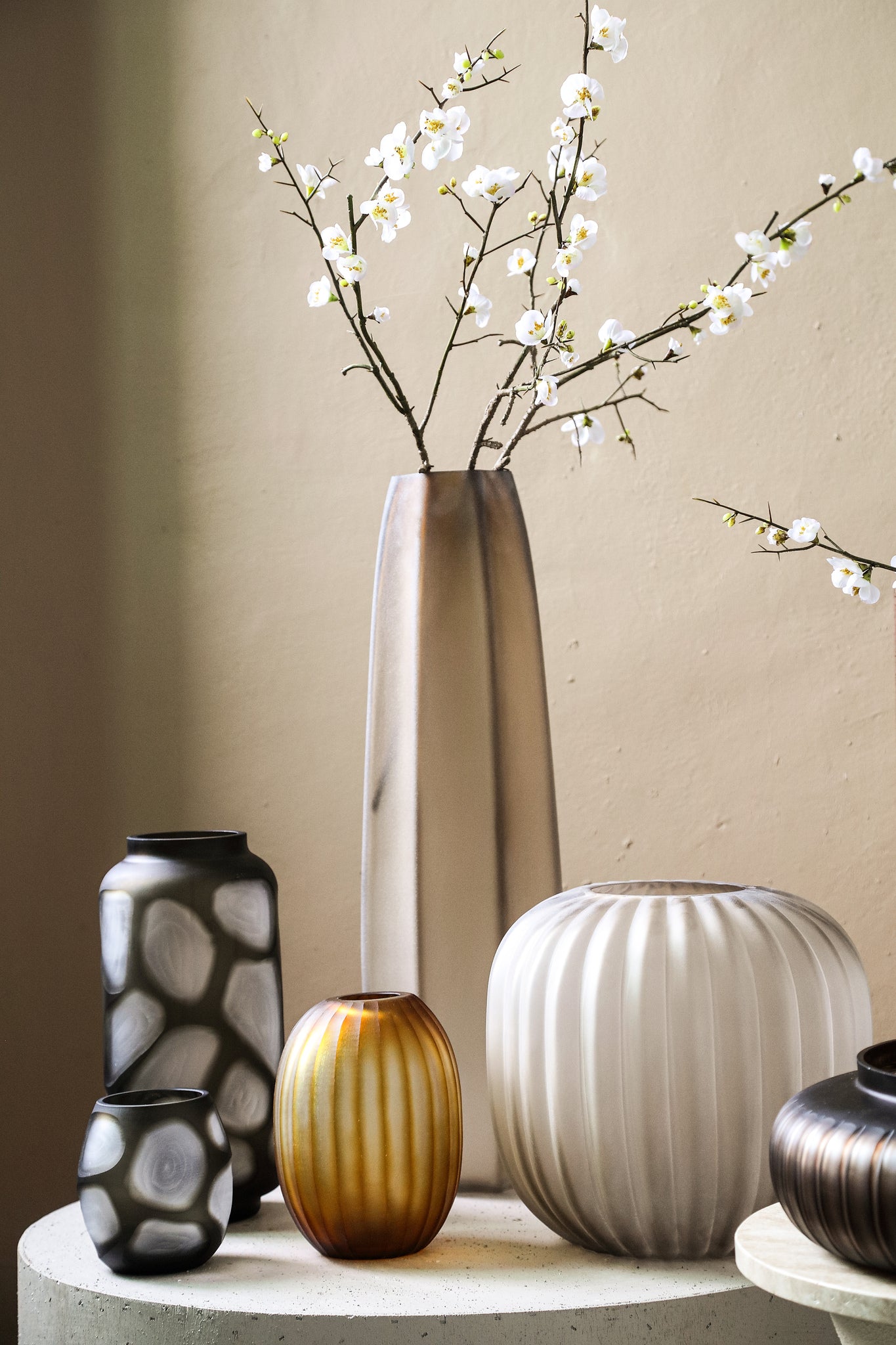 Levente Sand Carved Glass Round Vase Ribbed Low