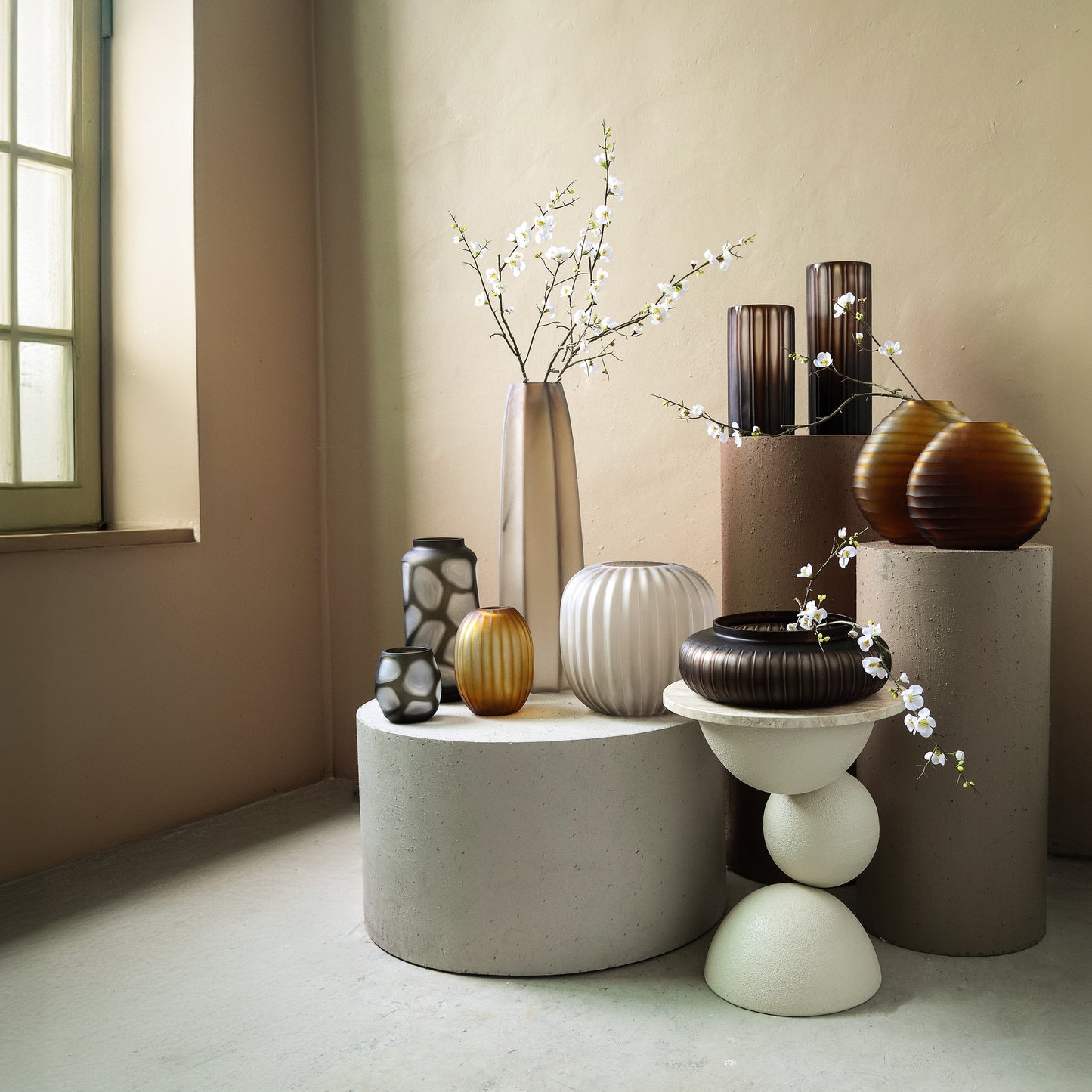 Levente Sand Carved Glass Round Vase Ribbed Low