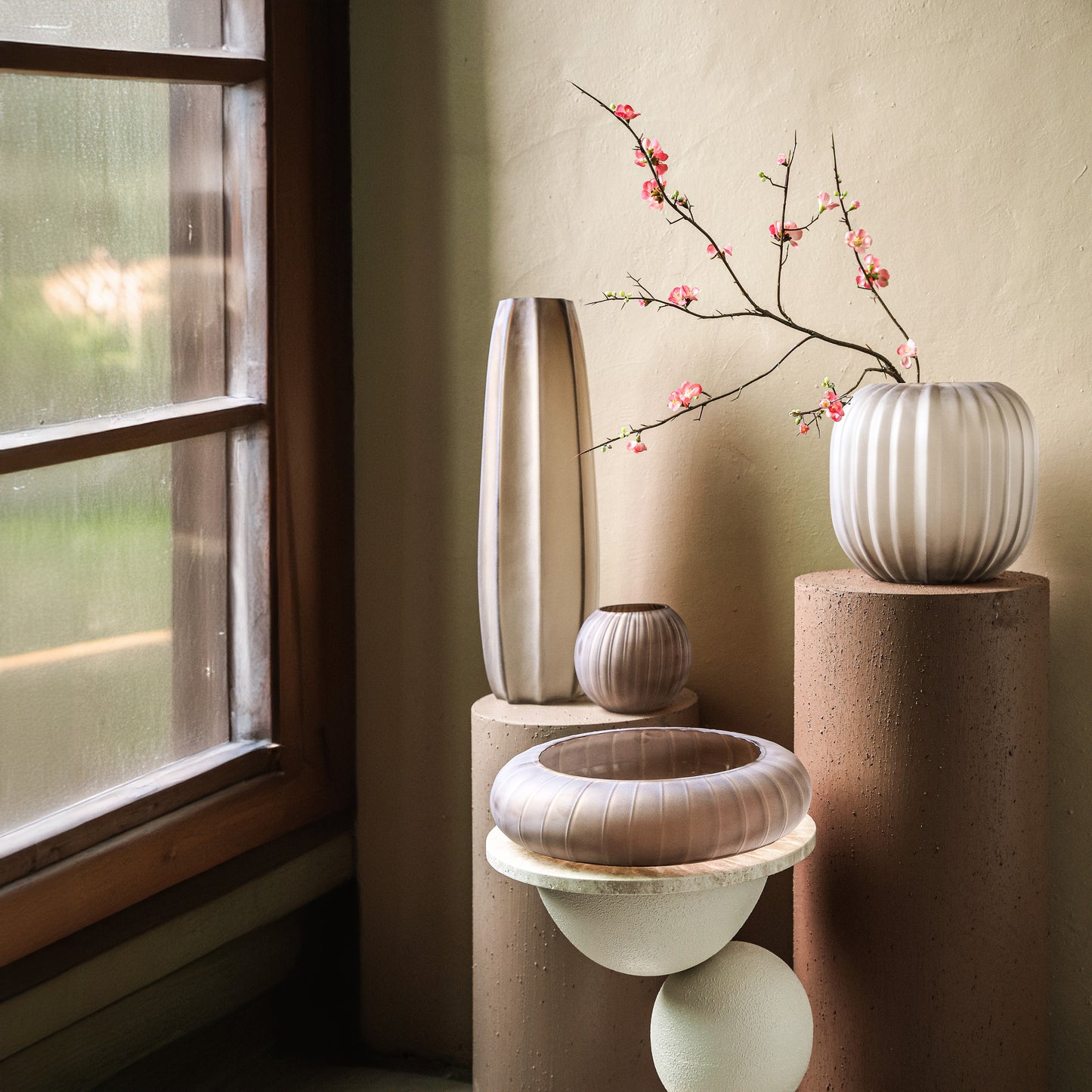 Levente Sand Carved Glass Round Bowl Ribbed