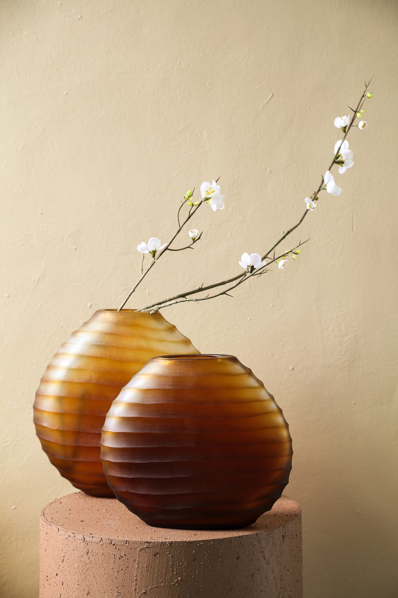 Lavanya Brown Carved Glass Oval Vase Ribbed S