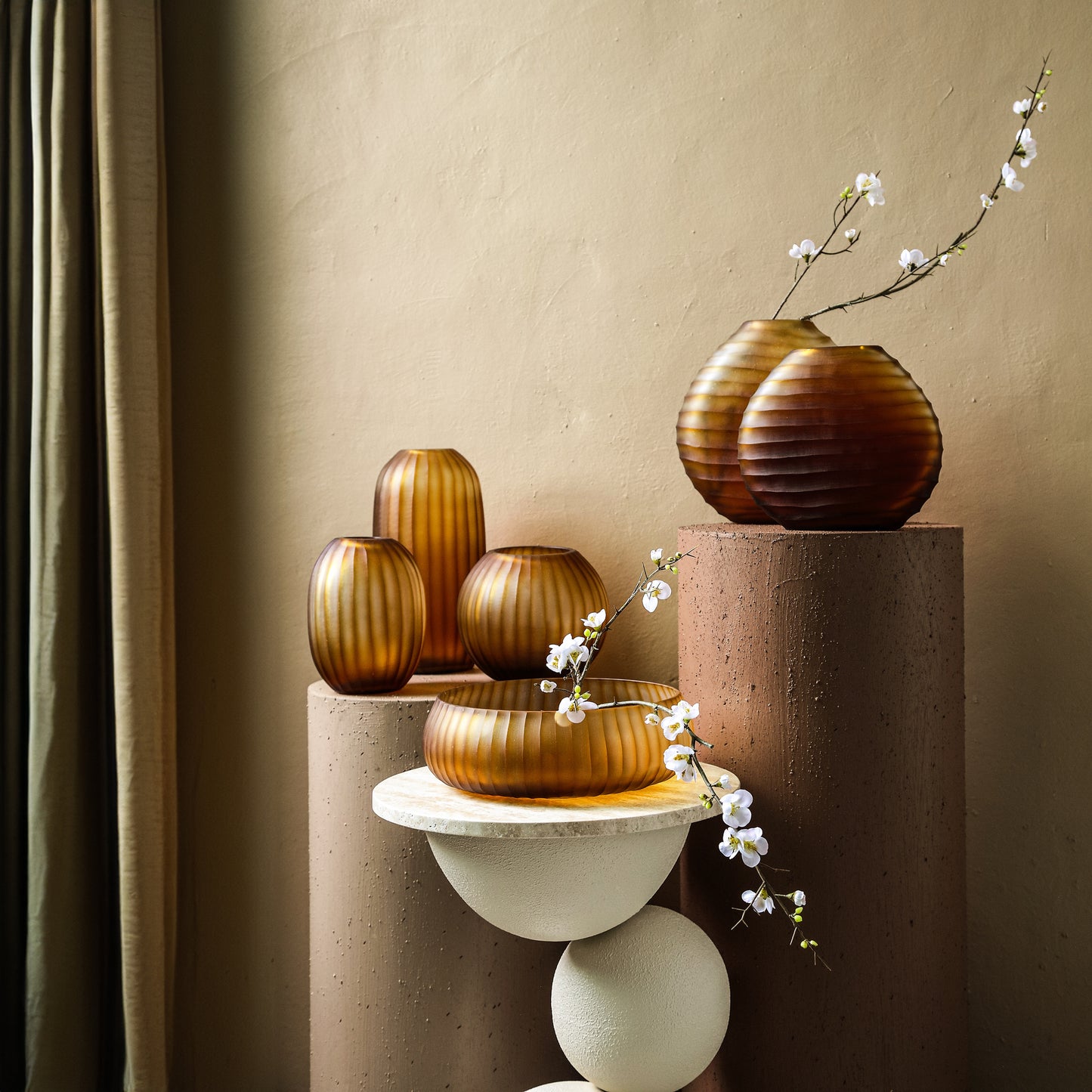 Lavanya Brown Carved Glass Round Vase Ribbed High