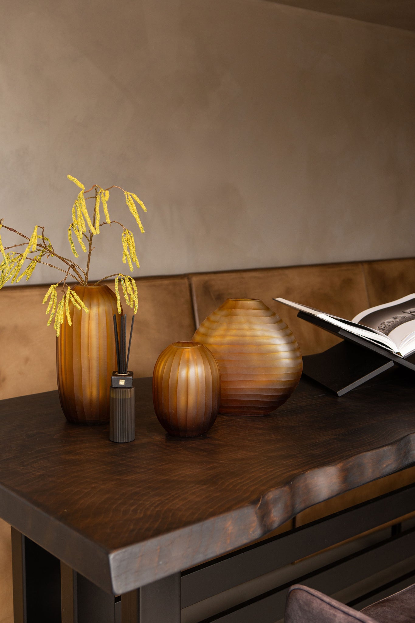 Lavanya Brown Carved Glass Round Vase Ribbed High