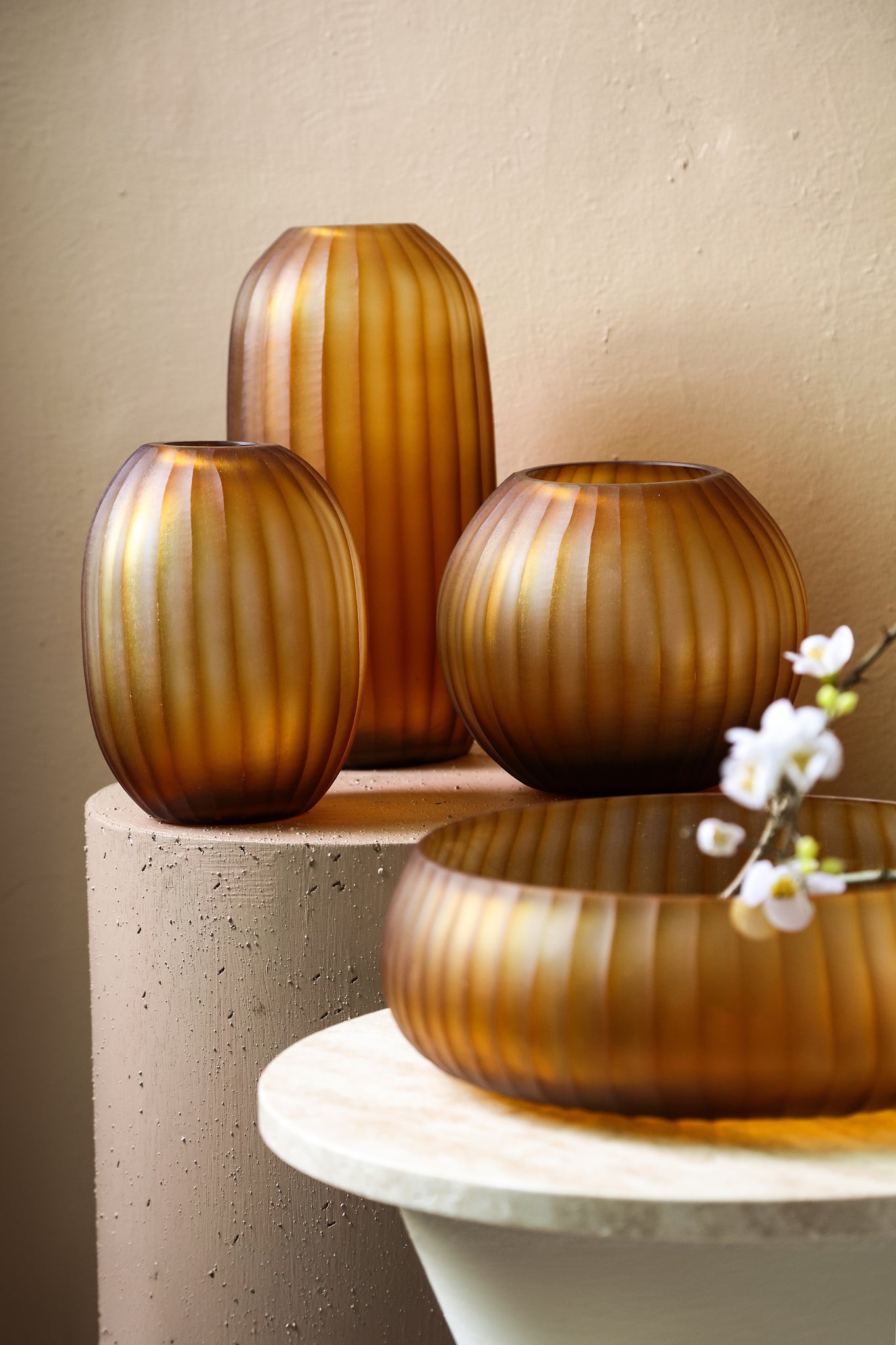 Lavanya Brown Carved Glass Round Bowl Ribbed