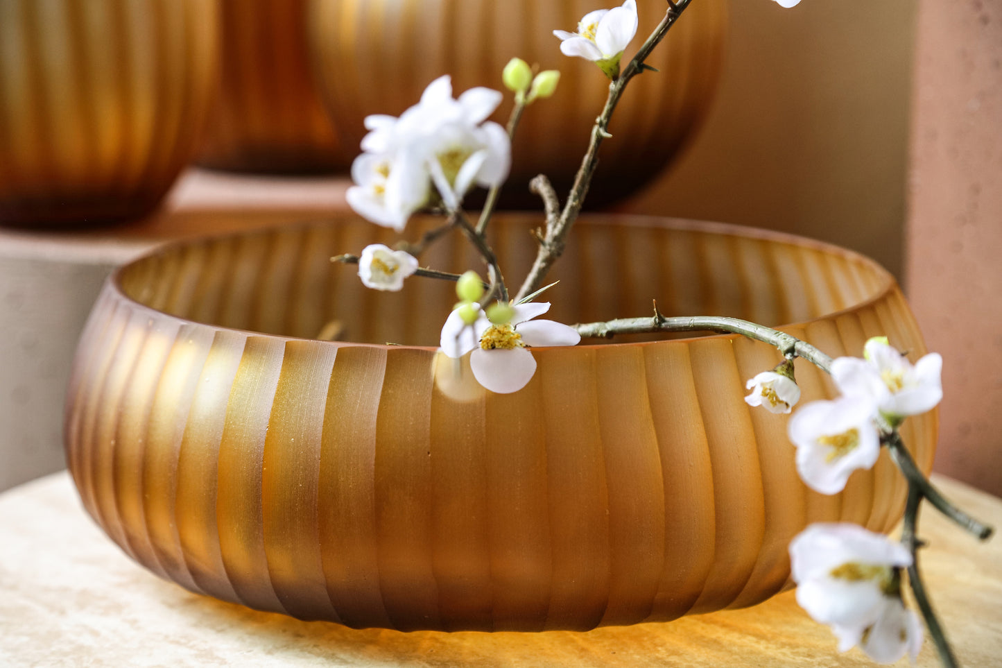 Lavanya Brown Carved Glass Round Bowl Ribbed