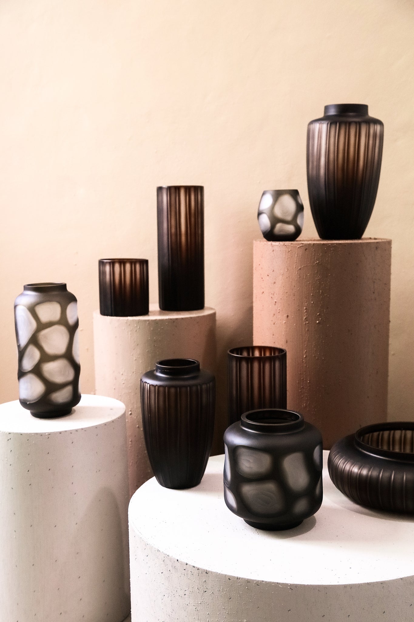 Linesa Brown Carved Glass Round Vase Matt Finish S