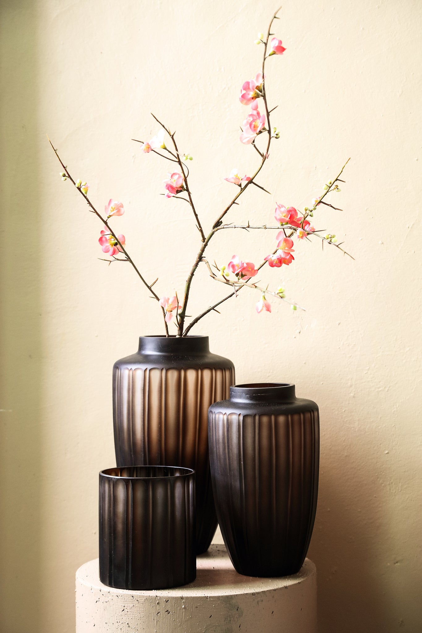 Linesa Brown Carved Glass Round Vase Matt Finish S