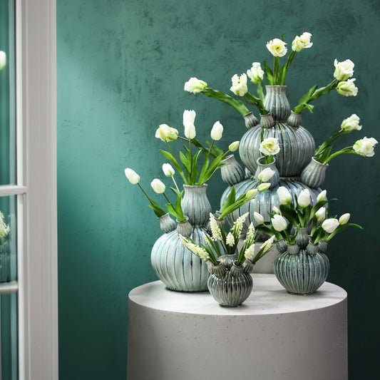 Nolou Turquoise Ceramic Tulip Vase Ribbed Round S