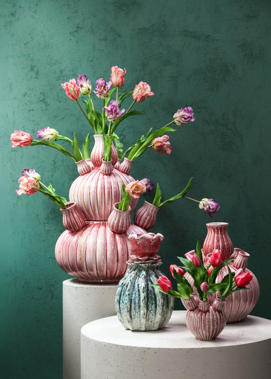 Nolou Pink Ceramic Tulip Vase Ribbed Round S