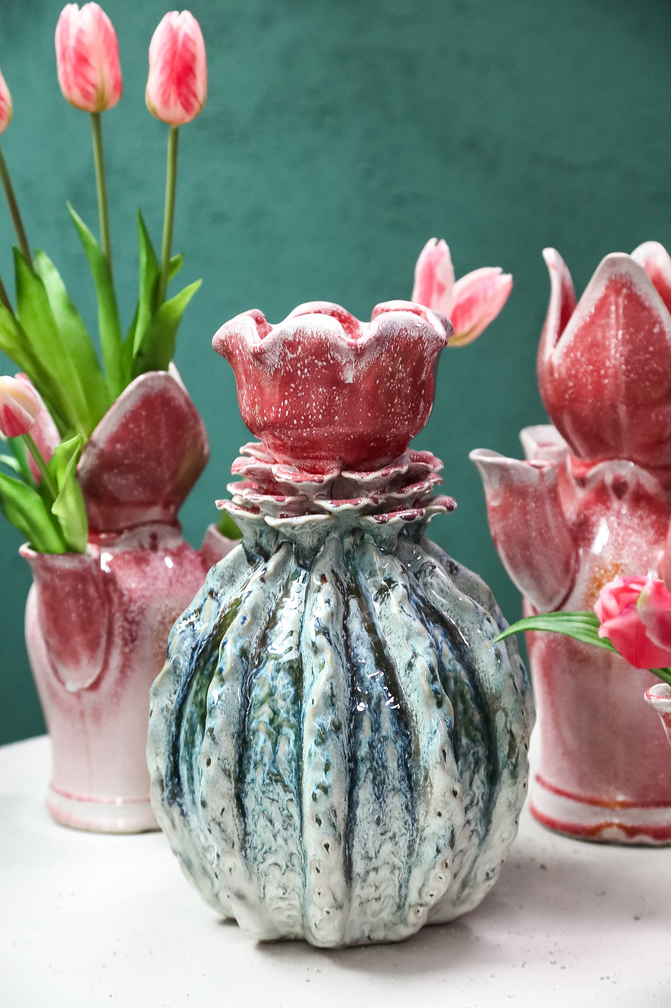 Tegain Petrol Pink Ceramic Flower Shape Vase S