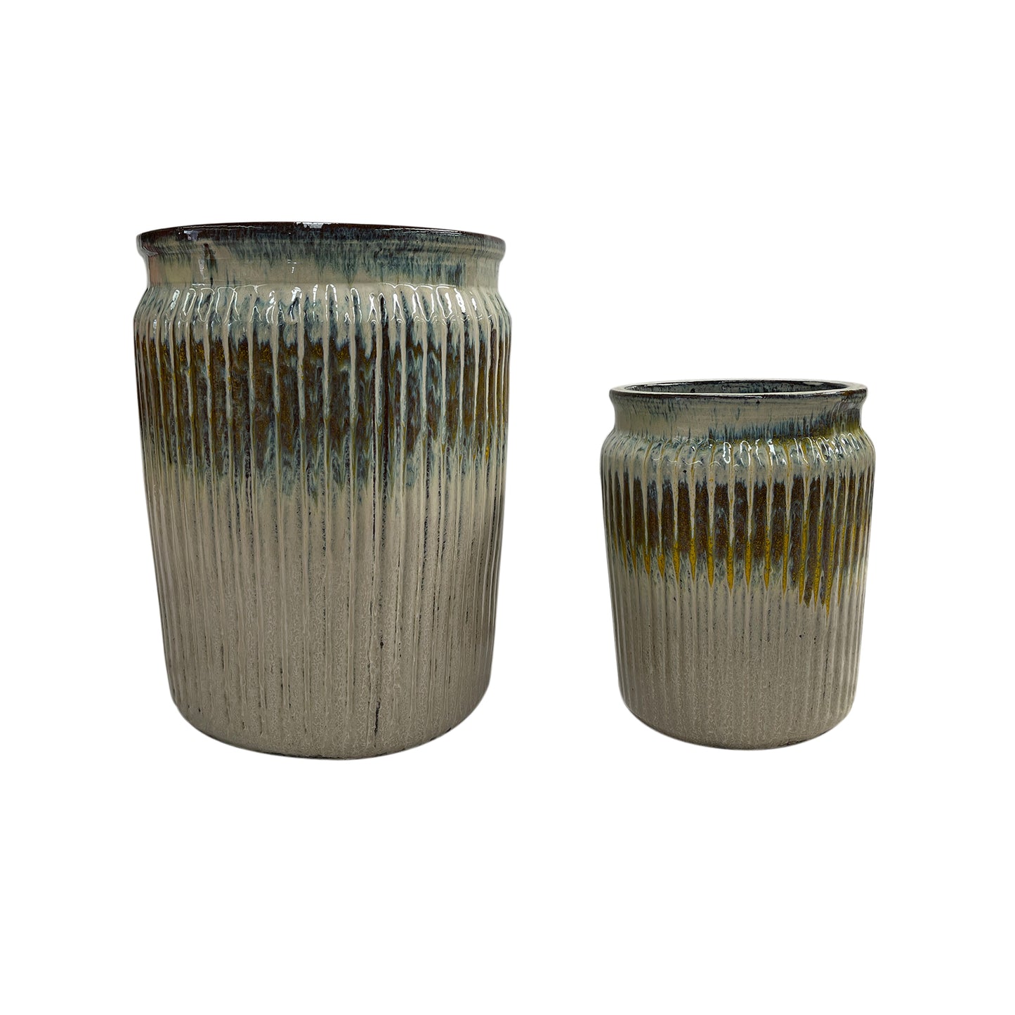 Alicen Yellow Ceramic Ribbed Round Pot Set Of 2
