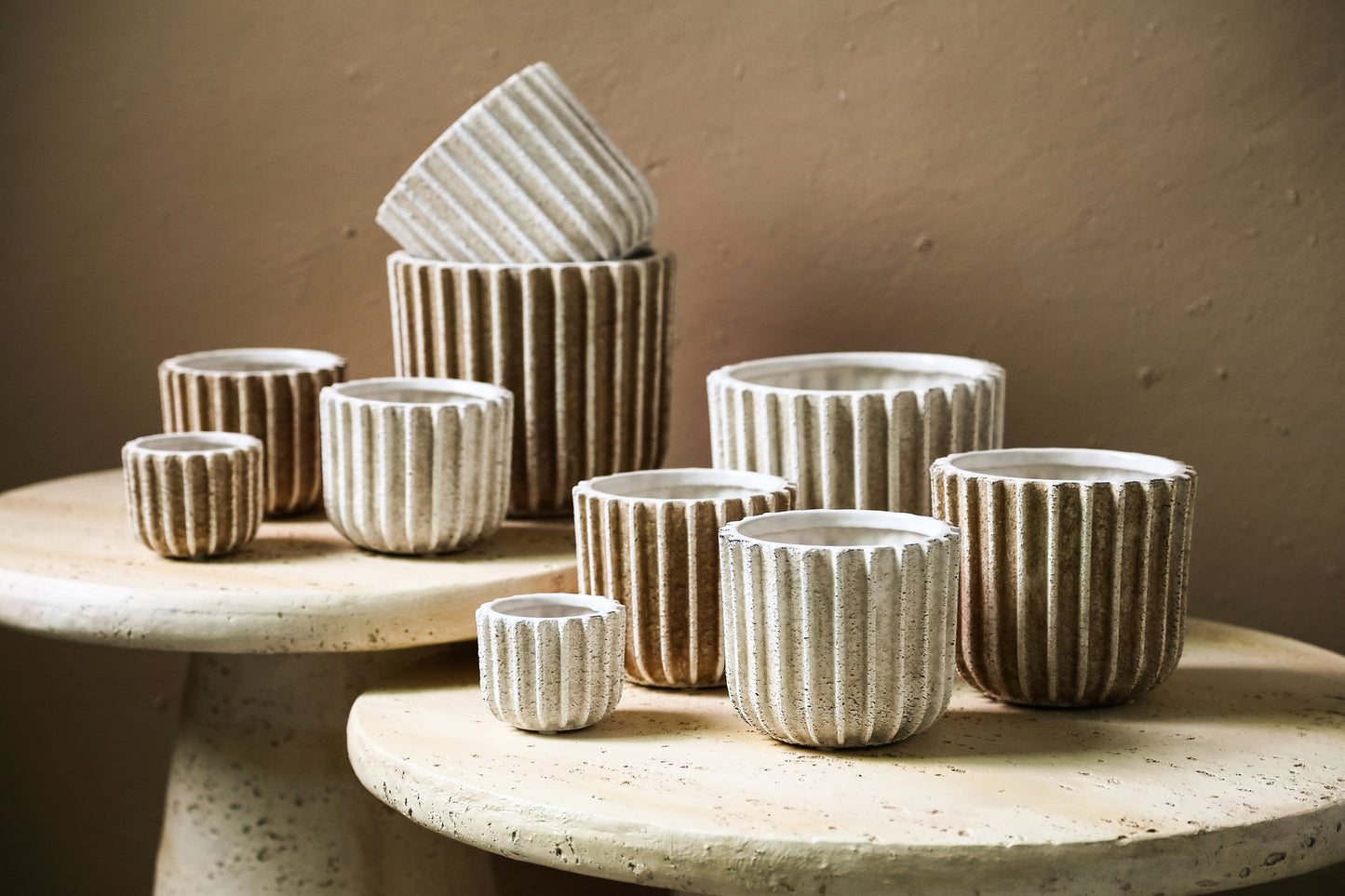 Ghada Cream Ceramic Round Pot With Lines XL