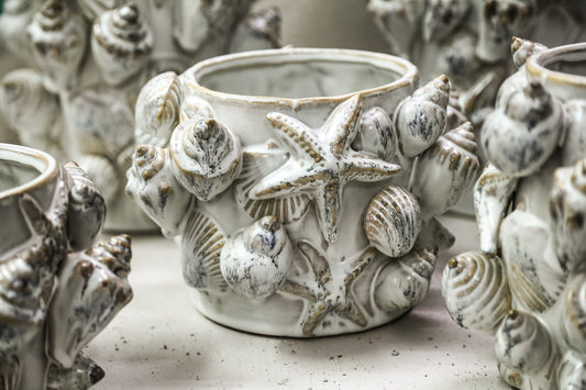 Prince Cream Ceramic Pot 3D Seashells Round Low S