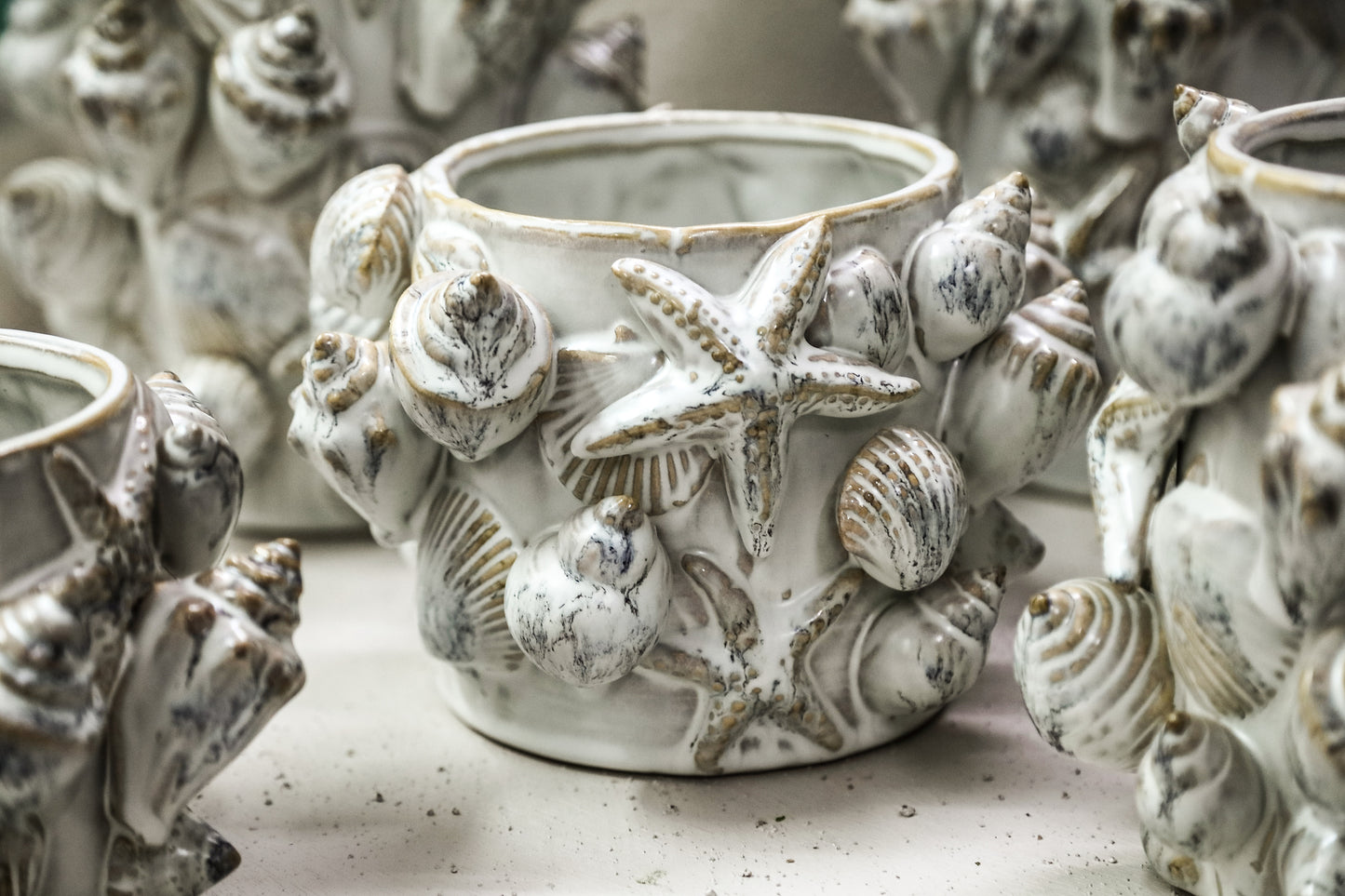 Prince Cream Ceramic Pot 3D Seashells Round Low L