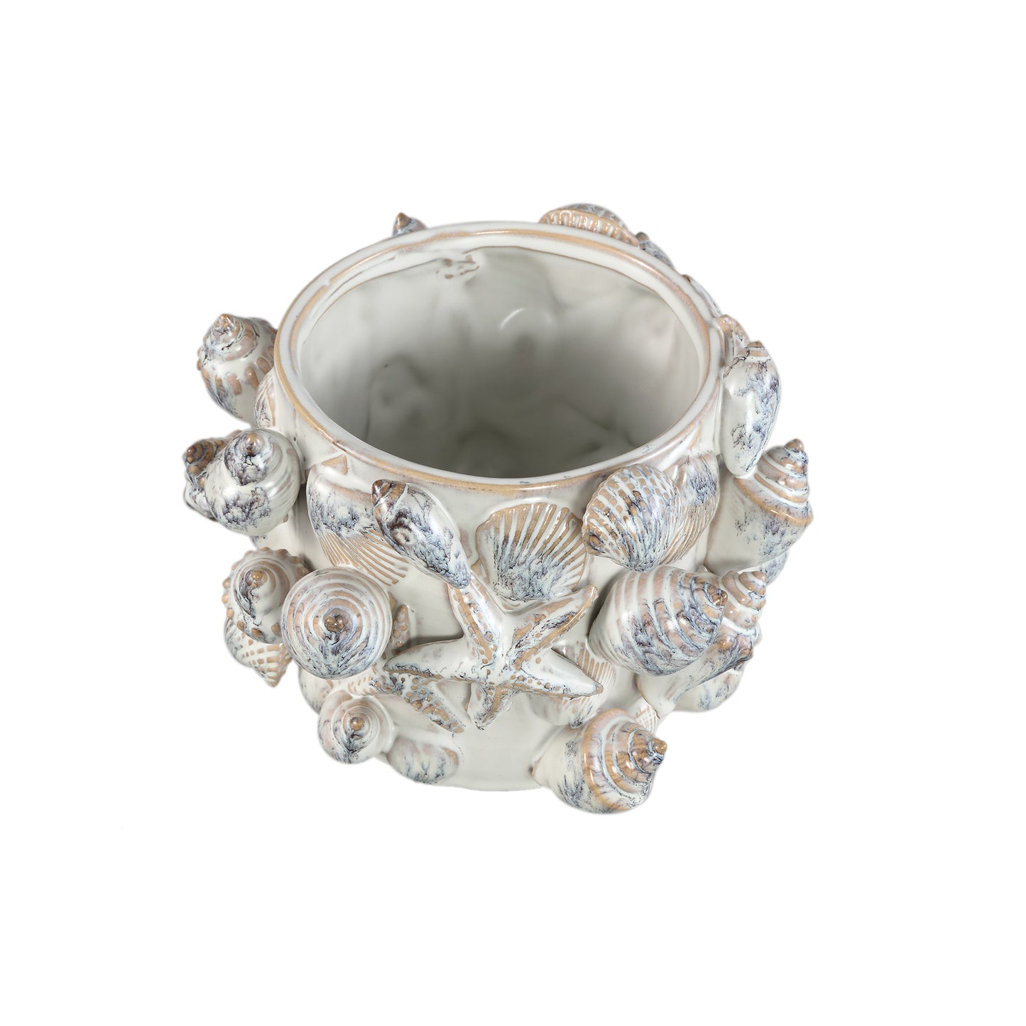 Prince Cream Ceramic Pot 3D Seashells Round Low L