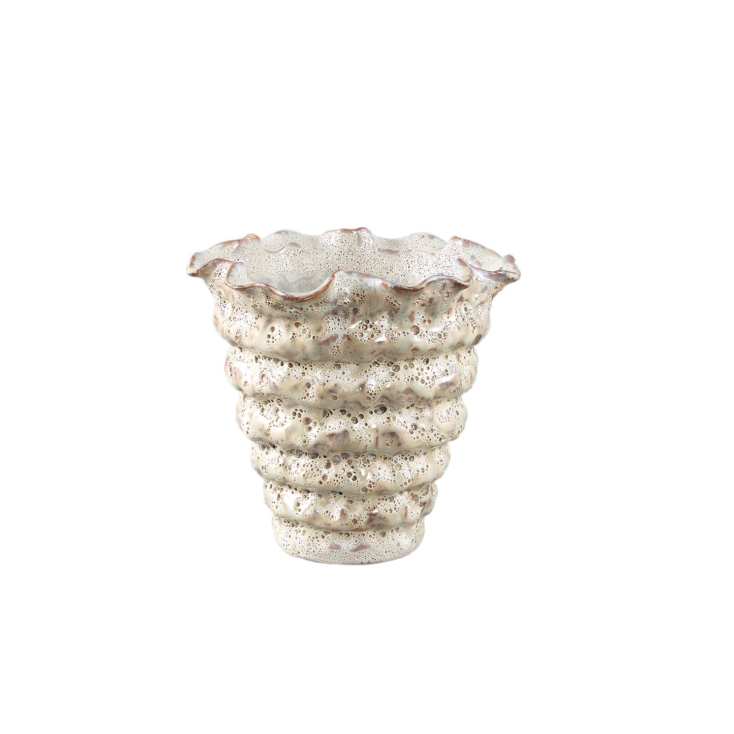 Nianh Cream Ceramic Pot Irregular Ribbed Round S