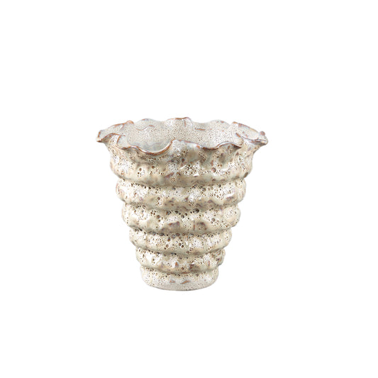 Nianh Cream Ceramic Pot Irregular Ribbed Round S