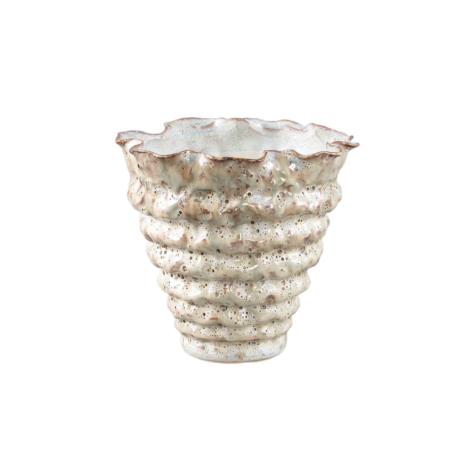 Nianh Cream Ceramic Pot Irregular Ribbed Round M