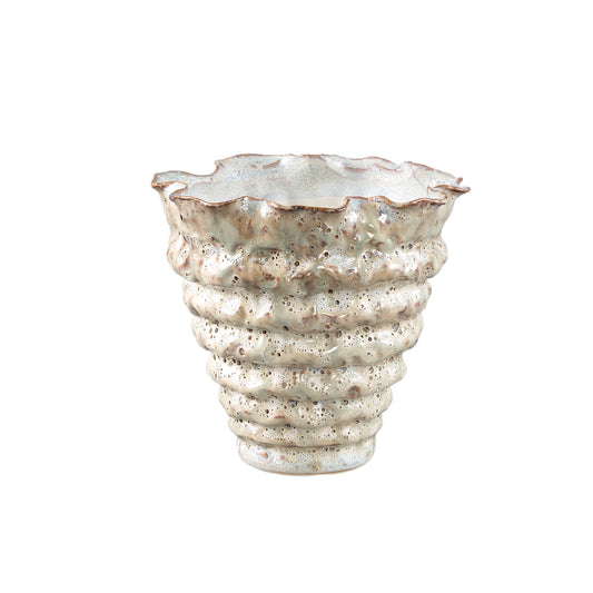 Nianh Cream Ceramic Pot Irregular Ribbed Round M