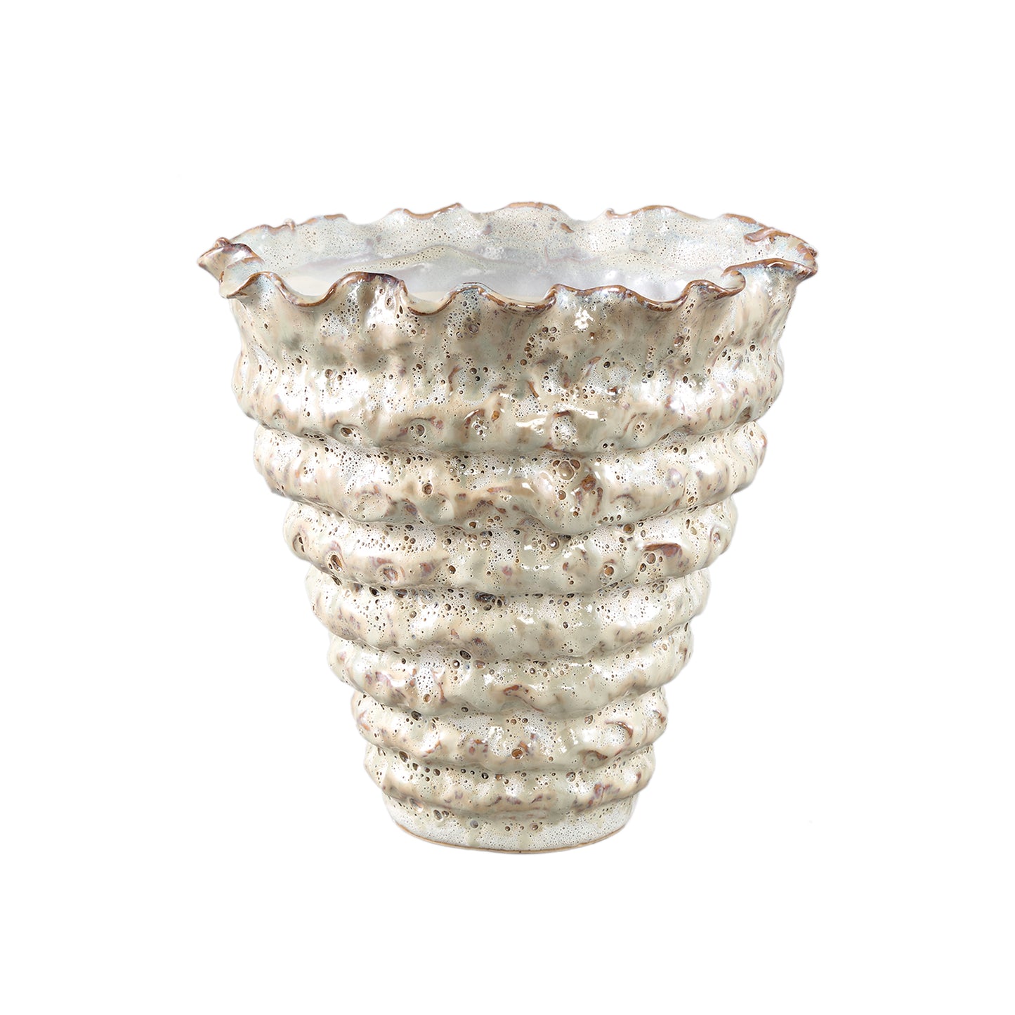 Nianh Cream Ceramic Pot Irregular Ribbed Round L