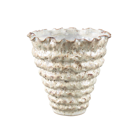 Nianh Cream Ceramic Pot Irregular Ribbed Round L