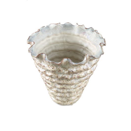 Nianh Cream Ceramic Pot Irregular Ribbed Round XL