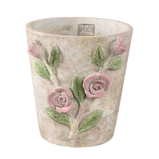 Annastasia Cream Round Cement Pot With Flowers L