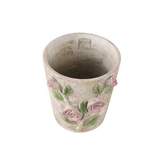 Annastasia Cream Round Cement Pot With Flowers L