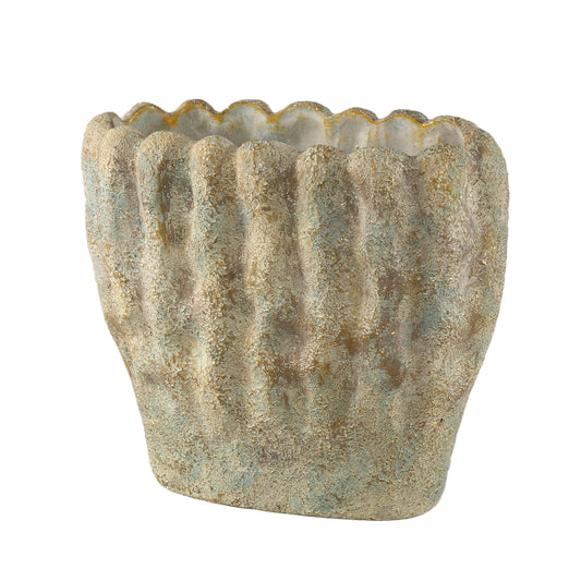 Contina Green Oval Cement Pot Thick Wavy L