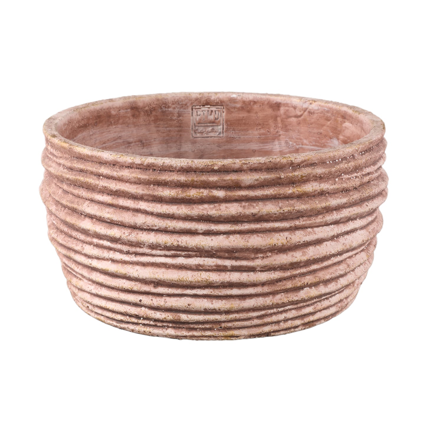 Einnas Brown Round Cement Pot Ribbed Low L