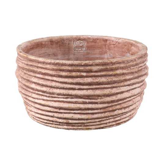 Einnas Brown Round Cement Pot Ribbed Low L