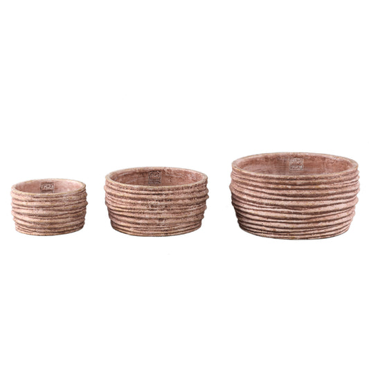 Einnas Bruine Ronde Cement Pot Geribd Laag Set van 4 Stuks - 4 Sets 15x30x30 cm