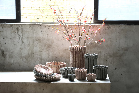 Raffay Grey Cement Round Pot Ribbed Lines High S