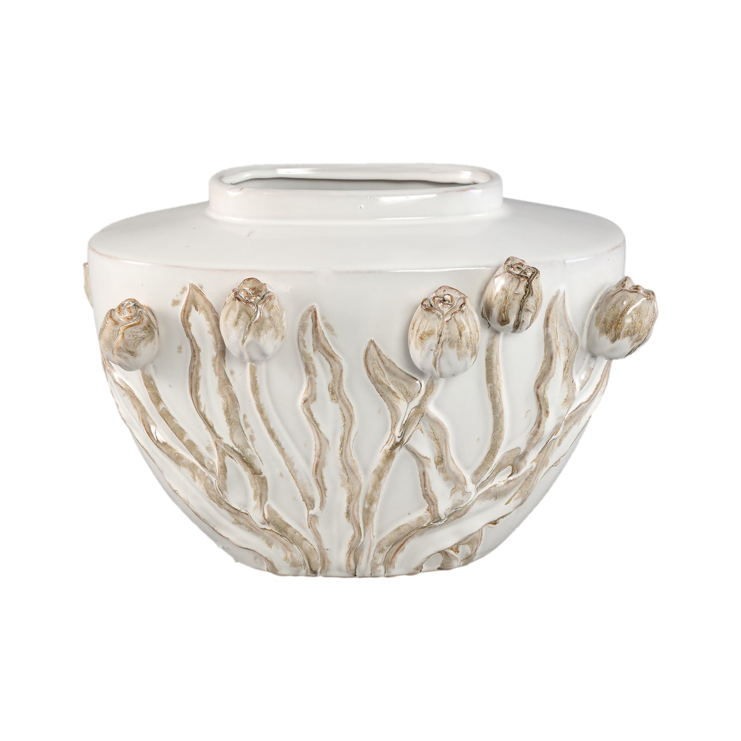 Naomae White Ceramic Pot Tulip Figures Oval L