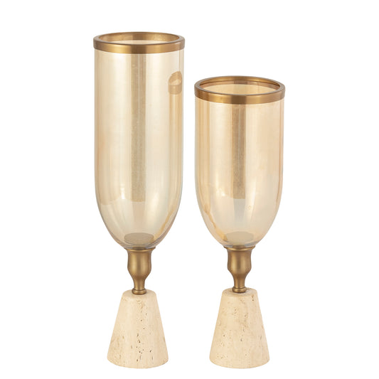 Tadh Brass Glass Stormlight Travertin Base Round L