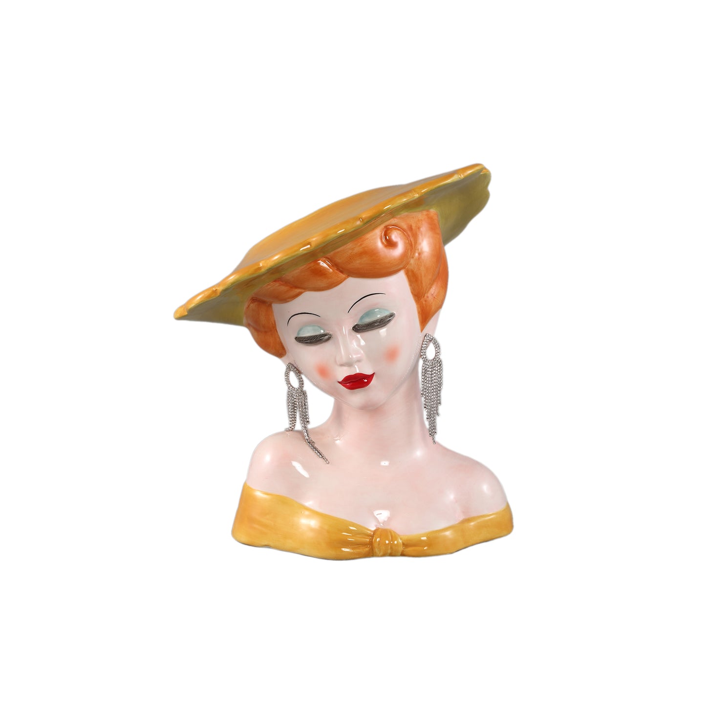 Lady Yellow Ceramic Women With Hat Pot