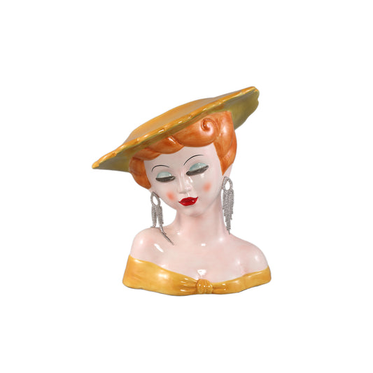 Lady Yellow Ceramic Women With Hat Pot
