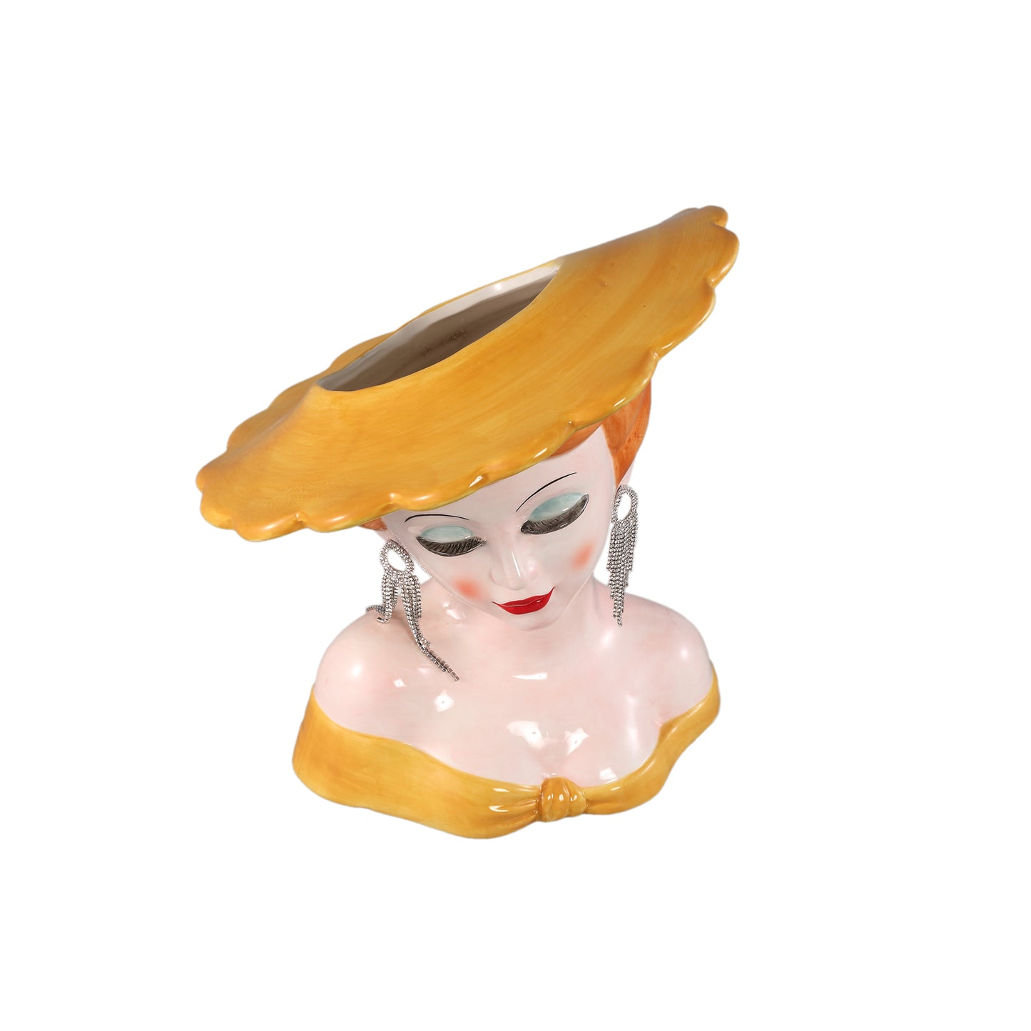 Lady Yellow Ceramic Women With Hat Pot