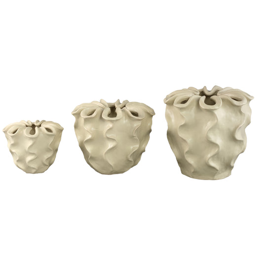 Rudie Crème Mat Keramische Pot Met Golvend Patroon Set Van 2 20x23x23 cm