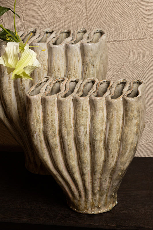 Trish Cream Ceramic Oval Shaped Vase Divided Top L