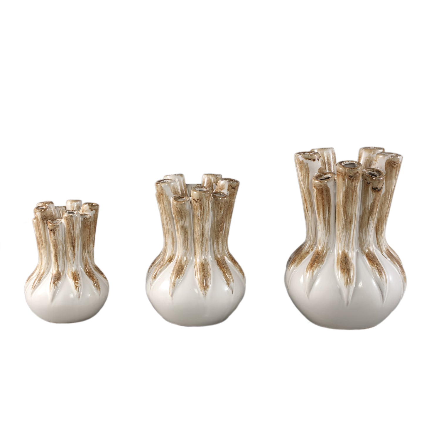 Manali Crème Keramische Ronde Vaas Gekleurde Buizen L - Set van 2 30x20.5x20.5 cm