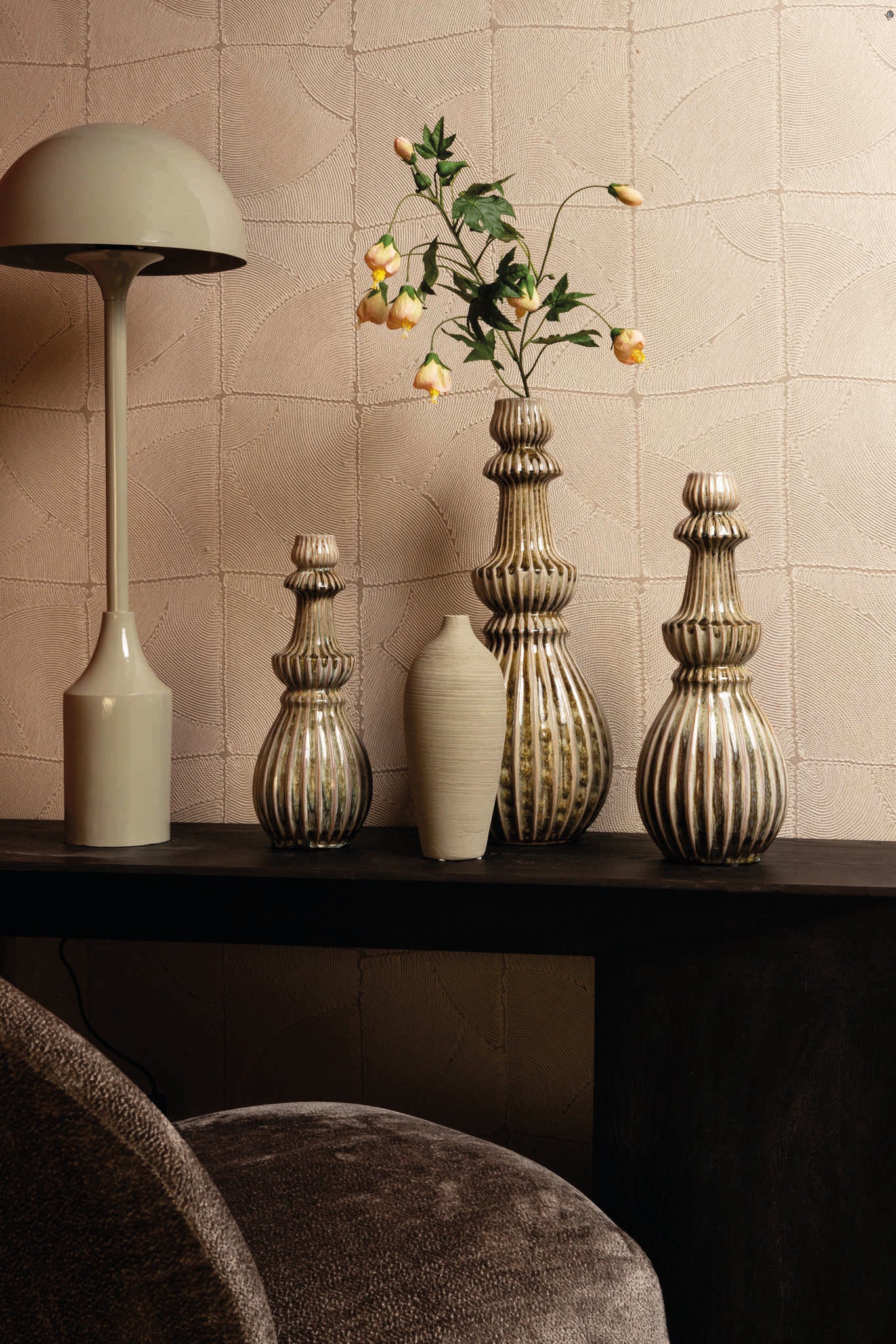 Myrtle Cream Ceramic Round Ribbed Vase M