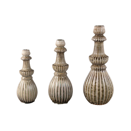 Myrtle Crème Keramische Ronde Geribbelde Vaas M - Set van 2 41.5x15x15 cm