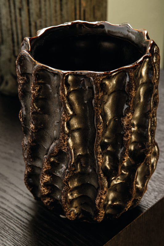 Vikton Brown Round Ceramic Pot Rough Pattern XL