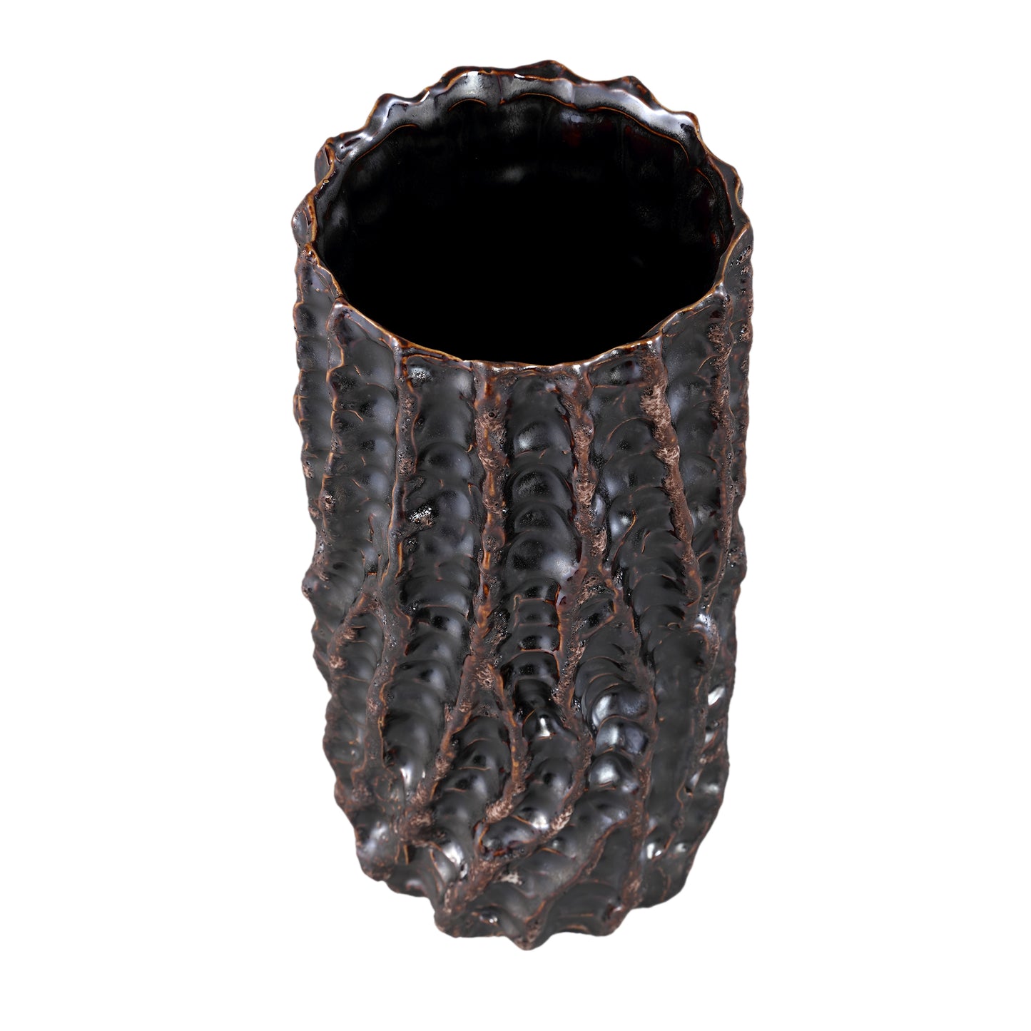 Vikton Brown Round Ceramic Pot Rough Pattern XL