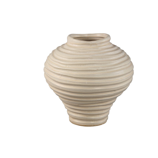 Mickie Beige Round Bulb Ceramic Vase Ribbed M