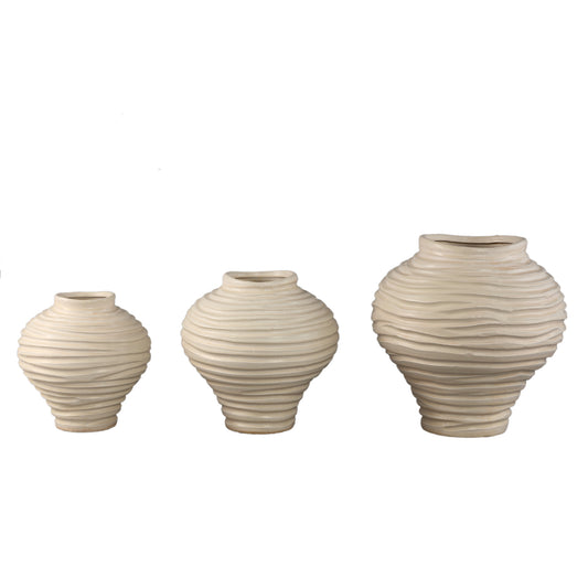 Mickie Beige Ronde Bol Keramische Vaas Geribd Set van 2 26x26x26 cm